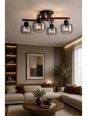 Weston 4 Lü Ceviz Füme Camlı Plofonyer Avize