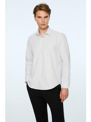 Morven  Erkek Siyah Trend Çizgili Dynamic Fit Sert Yaka Gömlek