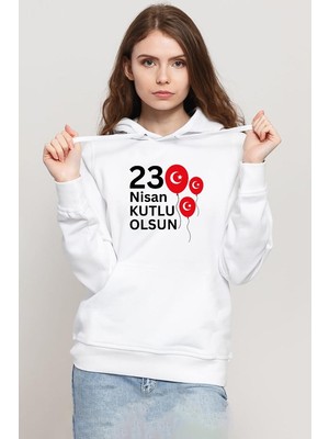 Tshirthane 23 Nisan Balon Beyaz Kadın 3ip Kapşonlu Sweatshirt