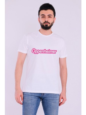 Oppenheimer Barbie Yazılı Beyaz Kısakol Erkek Tshirt