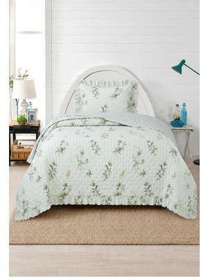 Lal Home Deco Flowers Tek Kişilik Yatak Örtüsü Seti 180X240CM - Volanlı Yastıklı %100 Polyester Modern Yeşil Beyaz