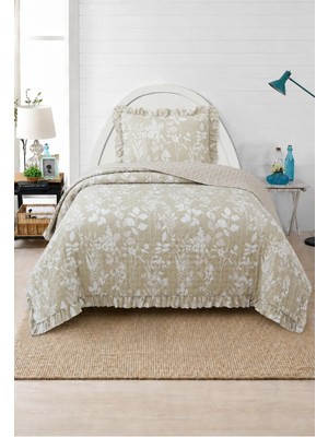 Lal Home Deco Flowers Tek Kişilik Yatak Örtüsü Seti 180X240CM - Volanlı Yastıklı %100 Polyester Modern Bej Beyaz