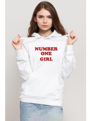 Tshirthane Rose Number One Girl Beyaz Kadın 3ip Kapşonlu Sweatshirt