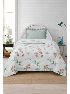 Lal Home Deco Flowers Tek Kişilik Yatak Örtüsü Seti 180X240CM - Volanlı Yastıklı %100 Polyester Modern Yeşil Pembe