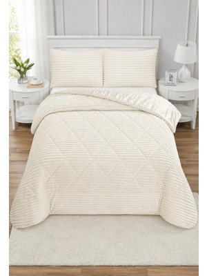Lal Home Deco Destina Çift Kişilik Yatak Örtüsü Seti 220X240CM - Dolgulu Kapitoneli Filanel Kumaş - 2 Yastık Kılıflı Ekru
