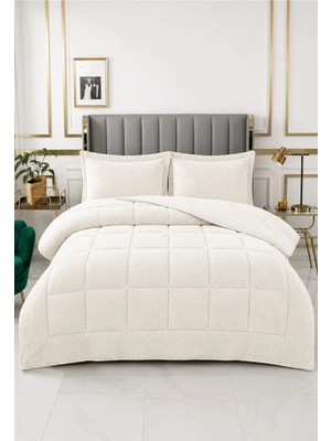 Lal Home Deco Carmen Çift Kişilik Yatak Örtüsü Seti 220X240CM - Dolgulu Kapitoneli Filanel Kumaş - 2 Yastık Kılıflı Ekru