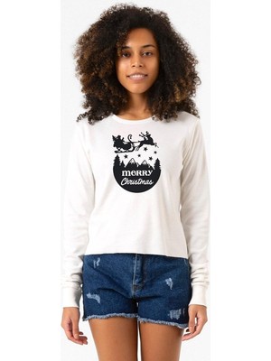 Tshirthane Merry Christmas Sleigh Ekstra Uzunkol Sweatshirt Ekru