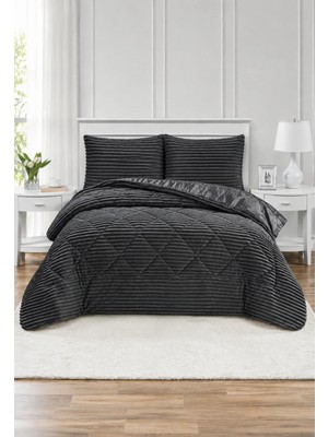 Lal Home Deco Destina Çift Kişilik Yatak Örtüsü Seti 220X240CM - Dolgulu Kapitoneli Filanel Kumaş - 2 Yastık Kılıflı Antrasit