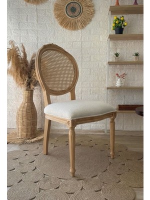 Silla Madalyon Sandalye Teddy Krem Kumaş Oymalı Hasırlı Naturel Ahşap Sandalye