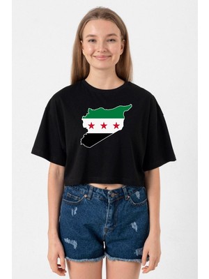 Suriye Yeni Bayrak Siyah Kadın Crop Tshirt