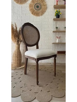 Silla Madalyon Sandalye Teddy Krem Kumaş Oymalı Hasırlı Ceviz Ahşap Sandalye