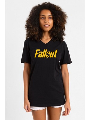 Fallout Lettern Siyah Kadın V Yaka Tshirt