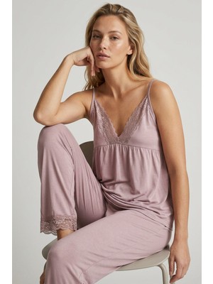 Siyah İnci Vizon Ip Askılı Dantelli Viskon Örme Pijama Takım 8021