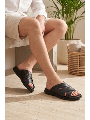 Walkenzo 5263 Hakiki Deri Ortopedik Rahat Taban Erkek Terlik