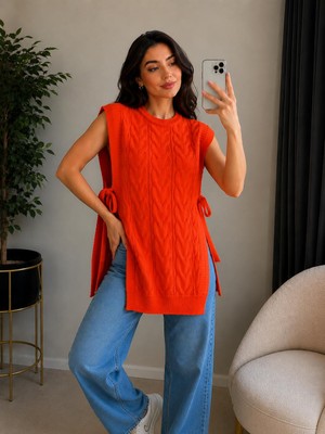 SFG Life Moda Kadın Bisiklet Yaka Yanları Açık Bağcıklı Oversize Triko Süveter
