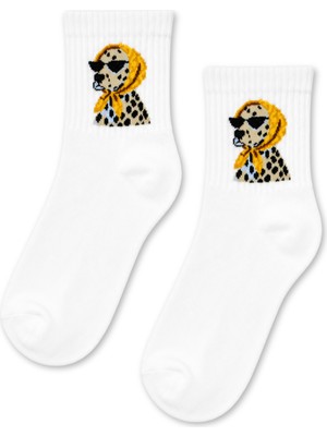 Carnaval Socks Gözlüklü Köpek Desenli Beyaz Yarım Konç Kısa Çorap