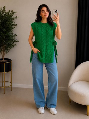 SFG Life Moda Kadın Bisiklet Yaka Yanları Açık Bağcıklı Oversize Triko Süveter