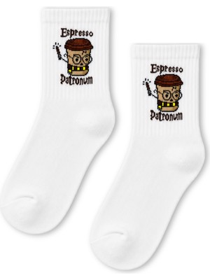 Carnaval Socks Espresso Patronum Kahve Desenli Beyaz Yarım Konç Kısa Çorap