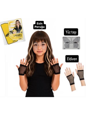Bemora Kids Manifest Esin Aksesuar Seti Manifest Esin Peruk Kahve Sarı Saç + Yüz Taşı + Siyah File Eldiven Parti Konser Doğum Günü Seti