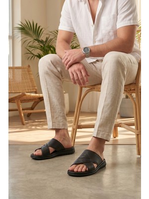 Walkenzo 5264 Hakiki Deri Ortopedik Rahat Taban Erkek Terlik