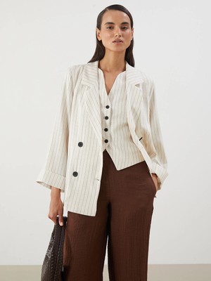 Lc Waikiki Yeni Sezon Çizgili Keten Karışımlı Kadın Blazer Ceket