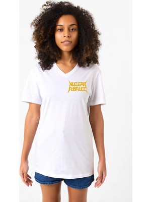 Nuclear Assault Lettern Logo Beyaz Kadın V Yaka Tshirt