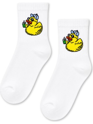Carnaval Socks Gözlüklü Ördek Desenli Beyaz Yarım Konç Kısa Çorap