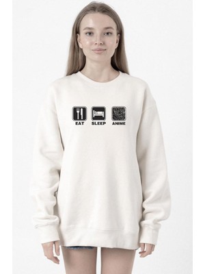 Tshirthane Eat Sleep Anime Beyaz Kadın 2ip Sweatshirt