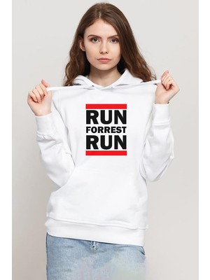Tshirthane Forrest Gump Run Forrest Run Beyaz Kadın 3ip Kapşonlu Sweatshirt