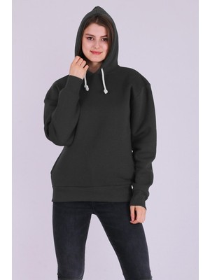 Tshirthane Füme Basic Oversize Kadın Kapüşonlu Hoodie 3 iplik Sweatshirt