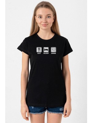 Eat Sleep Anime Siyah Kadın Tshirt