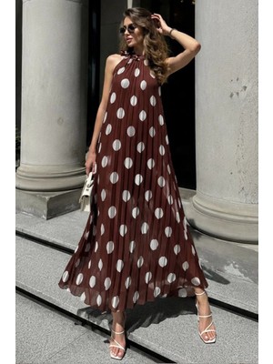 Asprin Fashion Kadın Ithal Kahve Puantiyeli Maxi Elbise Piliseli Şifon Abiye Elbise
