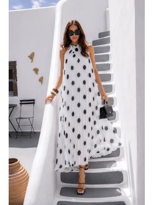 Asprin Fashion Kadın İthal Beyaz Puantiyeli Maxi Elbise Piliseli Şifon Abiye Elbise