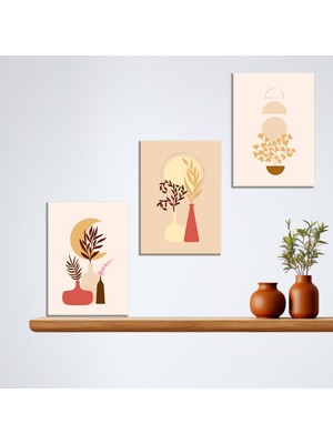 Tilki Dünyası 3'lü Bohem Kanvas Tablo Seti 13 - Modern Boho Duvar Dekoru - Modern Çizgiler ve Tasarım 3 Parça Tablo
