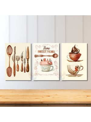 Artarilion Dikey 3'lü Kanvas Tablo Seti Sweet Home Mutfak Ev Cafe Restoran Tablosu Ev Dekorasyonu Yeni Ev Hediyesi