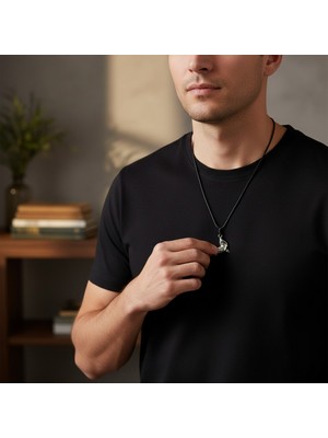 Hedea Krom Kaplama Köpekbalığı Figürlü Unisex Kolye - Yağlı Koton Kordonlu Ayarlanabilir Deniz Temalı Metal Kolye