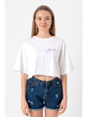 Blackpink Jennie Signature Beyaz Kadın Crop Tshirt