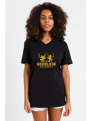 Gen V Godolkin University Logo Siyah Kadın V Yaka Tshirt