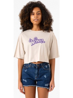 Willy Wonka Logo Bej Kadın Crop Tshirt
