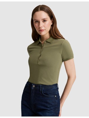Pierre Cardin Kadın Haki Slim Fit Pamuklu Polo Yaka Basic Tişört 50325456-VR027