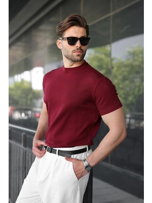 Madmext Bordo Bisiklet Yaka Regular Fit Erkek Tişört E7188