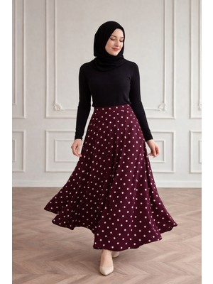 Merve Akyol Moda Popy Puantiyeli Şifon Etek - Mürdüm - Beden: 1 Beden (36-38)