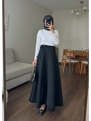 Merve Akyol Moda Yandan Bağlamalı Scuba Etek Siyah - Beden: 40