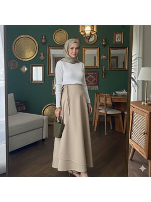 Merve Akyol Moda Yandan Bağlamalı Scuba Etek Bej - Beden: 40