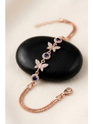 Gümüş Pazarım Rose Gold Kaplama Safir Taşlı Kelebek Motifli Gümüş Bileklik