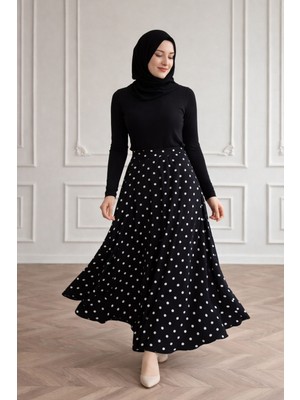 Merve Akyol Moda Popy Puantiyeli Şifon Etek - Siyah - Beden: 2 Beden (40-42)