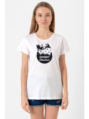 Merry Christmas Sleigh Beyaz Kadın Bisikletyaka Tshirt