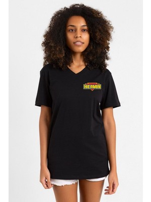 He Man Logo Siyah Kadın V Yaka Tshirt