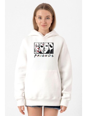 Tshirthane Horror Character Friends Beyaz Kadın 3ip Kapşonlu Sweatshirt