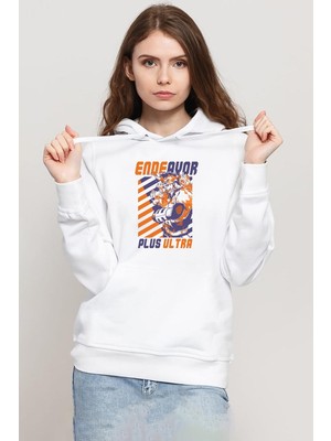 My Hero Academi Anime Endeavor Plus Ultra Beyaz Kadın 3ip Kapşonlu Sweatshirt
